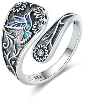 DAYLONLOVE Hummingbird Spoon Ring 925 Sterling Silver Adjustable Abalone Shell Hummingbird Thumb Rings Hummingbird Jewelry Gift for Women Mother