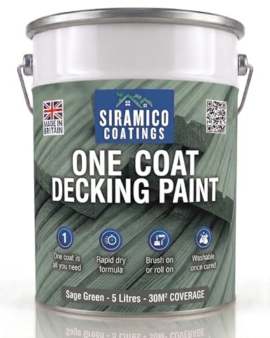 SIRAMICO COATINGS One Coat Anti-Slip Decking Paint | 5 Litres | 7 Luxury Colours I Mould & UV Resistant Formula | White - Grey - Sage Green - Black - Brick Red (Sage Green)