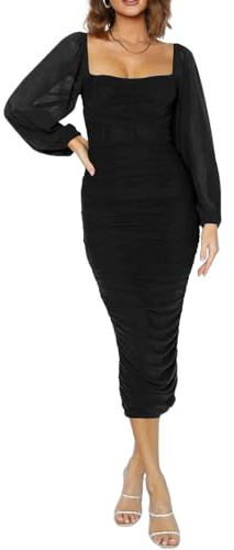 HUXRAKV Vestido de Fiesta Mujer Elegantes Manga Larga de Malla con Cuello Cuadrado Bodycon Midi Vestido para Fiesta Cóctel Noche Club Ceremonia,WD46-Negro,XL