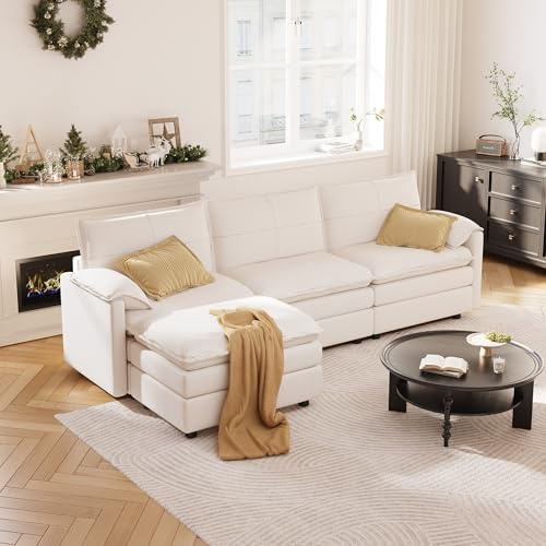 FLEXISPOT 4-Sitzer Sofa Sofabed L-förmiges Ecksofa mit Hocker & Stauraum, Modulares Sofa platzsparend für Wohnzimmer Weiß