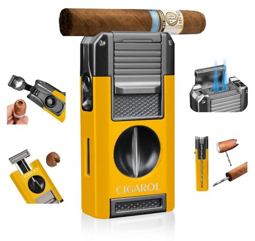 Volenx Torch Lighter 3 Jet Flame Cigar Lighter with Cigar Punch Cutter (Gun/Yellow)