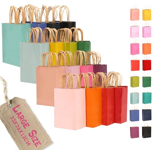 Gcardist Lot de 100 grands sacs cadeaux en papier avec anses - 33×26,2×11,7 cm - Sacs de fête en papier kraft - 16 couleurs unies