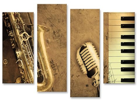 islandburner Bild auf Leinwand Saxophon Mikrophon und Klavier Vintage Musik Collage Bilder Wandbilder Poster