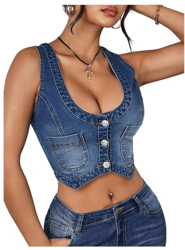 Floerns Women's Plus Size Button Down Denim Vest Sleeveless Scoop Neck Cropped Corset Blue XX-Large Plus