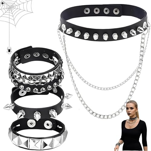 Bodeshis 4 Piece Goth Studded Bracelet and Black Choker Set, Punk Rock Accessories for Men and Women, Gothic Jewellery for Halloween Parties and Daily Wear, Punk Accessories Adjustable, spiked choker