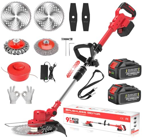 Rasentrimmer mit Akku und Unkrautbürste,21V Akku Rasentrimmer für Makita Akkus,Inkl 2X4.0Ah Akku & Ladegerät,5 Klingentypen Akku Freischneider,90° Drehkopf,für Garden Trimmen,Rot