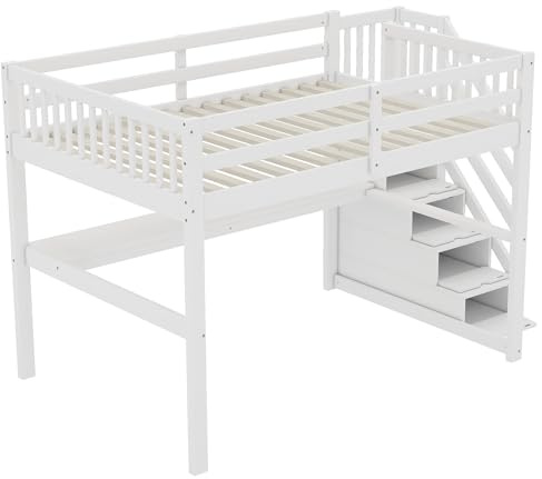 WEALTHOUSE Massivholz Hochbett mit Treppe und Schubladen Stauraum, integrierter Unterbettschreibtisch, Sicherheitsgeländer, platzsparendes für Schlafzimmer, Studentenwohnung (Weiß,140x200cm)