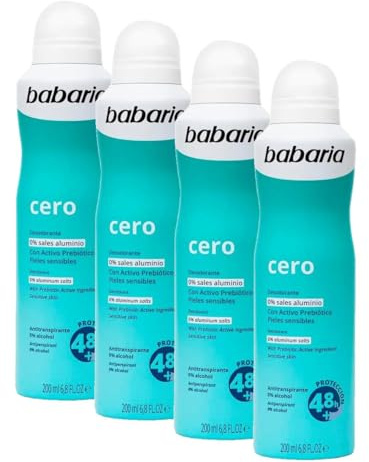 Babaria - Desodorante en spray 0% sales aluminio - Desodorante pieles sensibles - Antitranspirante - 200ml (Paquete de 4)