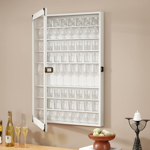 tonchean Shot Glass Display Case Lockable 72 Slots Wooden Display Cabinet | with Acrylic Door, 9 Tiers Wall Mounted Pine Wood Display Box for Collectibles, White