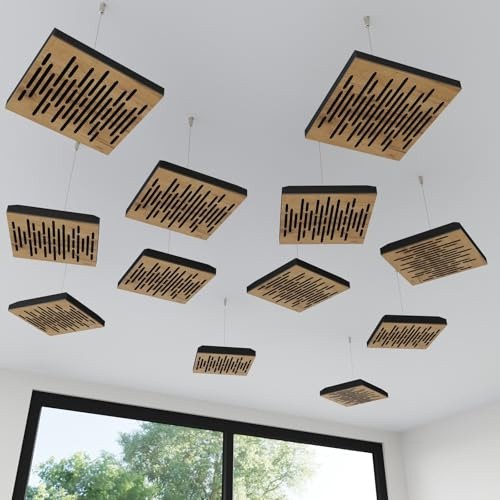 Pack de 4 mini paneles acústicos colgantes para techo | Absorbente acústico 3D HDF con kit de suspensión | Decoración acústica para techo | 25 × 25 cm | Color: [Roble | WAVE-Mini]