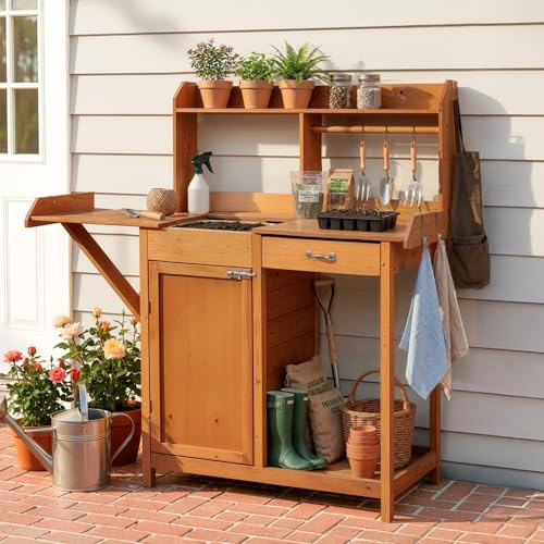 OOOK Pflanztisch mit Unterschrank, Pflanztisch Outdoor mit Schubladen | Garten Arbeitstisch mit Klappbarer Seitentische, aus Nordischer Schottkiefer, Blumentisch für Garten Balkon Terrasse