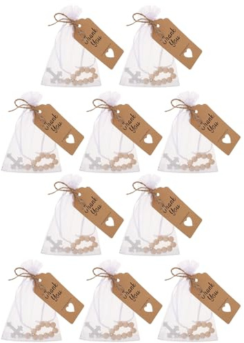 BESPORTBLE 10 Set Rosari Battesimali in Legno Croce Intagliata a Mano, Perline Lisce, Bomboniere per Battesimo e Comunione Sacchetto in Organza e Cartoncino, per Cerimonie Cattoliche