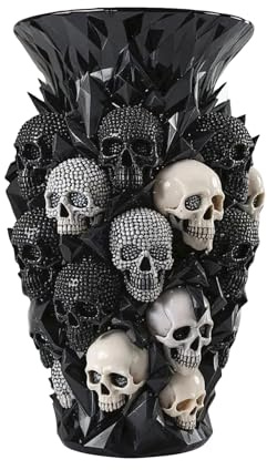 Gothic Black Skull Vase with Rhinestone Accents – 15cm Decorative Flower Vase for Goth Home Decor and Alternative Interiors – Unique Skull Planter for Black Roses & Dried Flowers (15cm/6in)