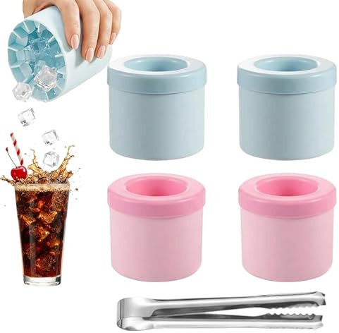 4 PCS Mini Ice Cube Trays, Small Ice Cube Tray Set with Round Moulds and Ice Tongs, for Home Cocktail Preparation and Party Ice Serving, Compact Storage Design in Pink and Blue Colours