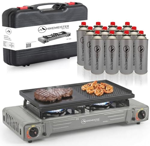 Hikemeister® 2 hornillos de gas para camping con plancha y 12 cartuchos de gas, hornillo portátil de camping con 2 fuegos, 2 estufas de gas de 2200 W, set de exterior con maletín, color gris