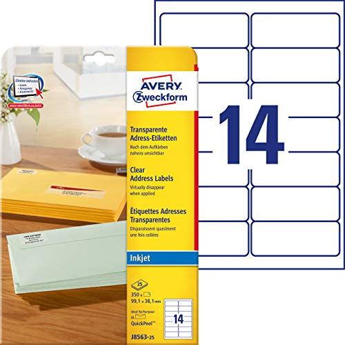 AVERY Zweckform J8563-25 Adressetiketten/Adressaufkleber (350 Etiketten, 99,1x38,1mm auf A4, bedruckbar, selbstklebend, für DIN lang Briefkuverts, Polyesterfolie, Inkjet-Drucker) 25 Blatt, transparent