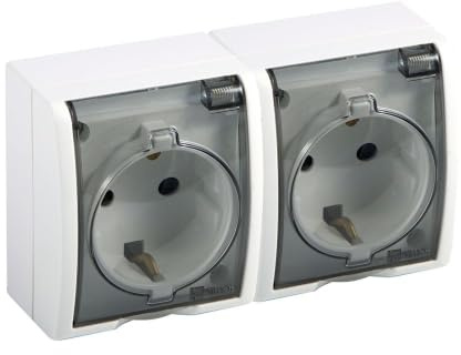 Base Schuko doble IP54 250 V 16A con tapa transparente y conexión a tornillo blanca Simon Aquarius