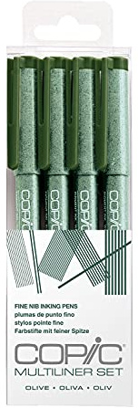 COPIC Multiliner Set, Olive, 4 Fineliner in verschiedenen Strichstärken, Zeichen Stifte mit einer feinen Spitze und wasserbeständiger Pigmenttinte