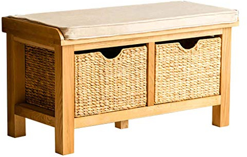 RoselandFurniture London Oak Shoe Storage Bench for Hallway | Fully Assembled, Wooden Seat with Woven Baskets, Suitable for Hall or Kitchen, Contemporary Style, H49cm W90cm D42cm