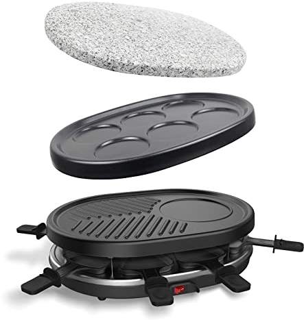 Leogreen - Appareil à Raclette 4 en 1 Multifonctions 8 personnes, Pierre à Griller, Plaque Grill, Plaques Crêpes, 8 poêlons, Compatibles Lave-Vaisselles, 900W