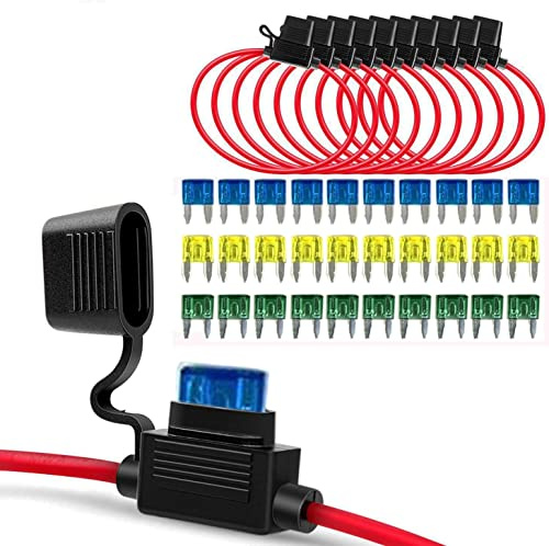 GTIWUNG 10PCS Portafusibles, Soporte de Fusible En Linea Hoja Portafusibles, 12 AWG Portafusibles en Línea con Una Gorra 32V 30A Portafusibles de Cuchillas, Impermeable, Trompeta