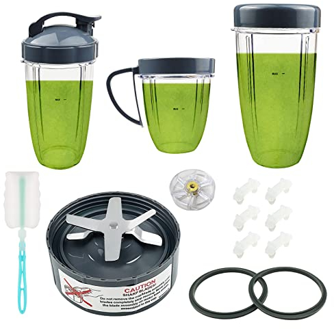 14 Pieces Blender Replacement Parts Extractor Blade and Cups for NutriBullet 600w & 900w Series, Including Gasket Shock Pad and Gear (1 Blade + 3 Cups + 1 Lids)