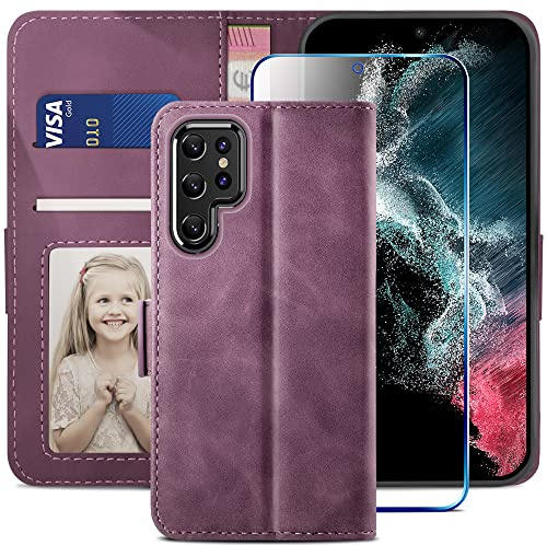 YATWIN Handyhülle für Samsung Galaxy S22 Ultra 5G Hülle, Klapphülle Galaxy S22 Ultra Premium Leder Brieftasche Schutzhülle [Kartenfach][Magnet][Stand] Handytasche für Samsung S22U Case, Weinrot