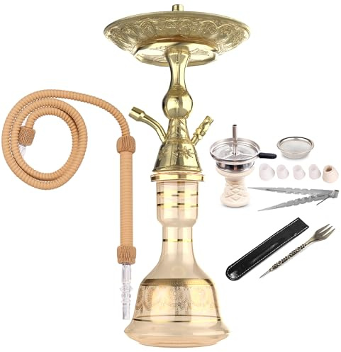 Luna Hookah Premium Travel Tradi Shisha Set Completo Absoluto Diseño Elegante | Pipa De Agua Tradicional De 43 cm Con Cabeza De Piedra, Chimenea, Manguera Tradicional Y Pinzas (Ámbar)