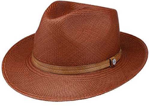 LIERYS Mesalon Fedora Panamahut Herren Made in Italy Hut aus Panamastroh Mit Ledergarnitur Gefüttert Krempenbreite 6,5 cm Sonnenhut Frühjahr Sommer braun XL (60-61 cm)