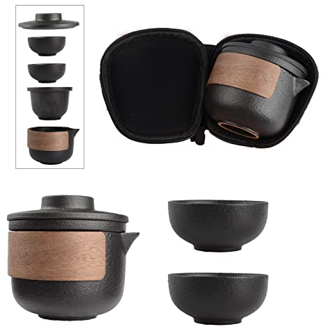 Tandarui Set da tè in ceramica cinese con 1 teiera e 2 tazze per adulti, giapponese fatto a mano portatile da viaggio, adatto per viaggi, casa, all'aperto e ufficio (nero)