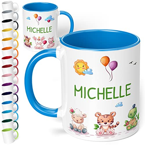 Kinder-Tasse mit Namen 7 süße Tiere – personalisierte Namenstasse für Kinder mit Tier-Motiv - rundum bedruckt – individuelles Geschenk für Jungen & Mädchen | Weihnachten, Geburtstag (Cambridge Blau)