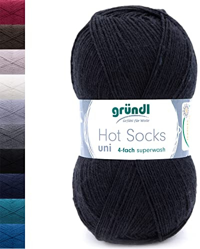 Sockenwolle 4fädig uni 100g Gründl Hot Socks 4-fädig einfarbig | 75% Wolle, 25% Polyamid | Strumpfwolle Sockengarn (4ply, 4fach) Wolle für Socken stricken (84 - schwarz)