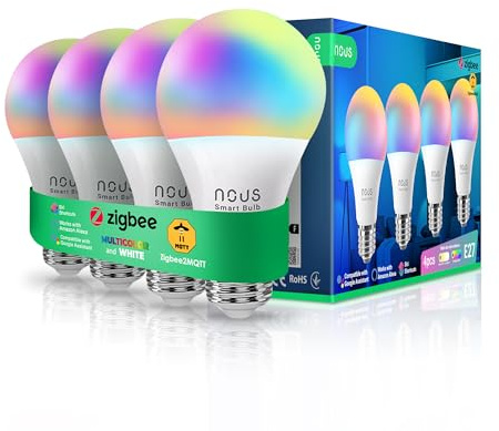 NOUS P3Z, ZigBee glödlampa E27 LED varm vit, RGB dimbara glödlampor lampa med fjärrkontroll dekor ljus glödlampa tillbehör kompatibel med Alexa Echo, Hue Bridge, Tuya, Google Home Assistant, M2QTT