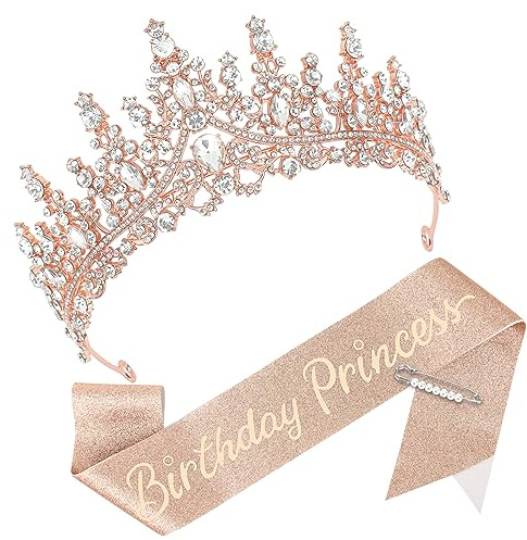 CAVETEE Princess Crown and Birthday Princess Sash, Birthday Tiara with Glitter Sash for Princess Party Decorations Happy Birthday Accessories Birthday Crown and Tiara for Women Girls (Rose Gold)