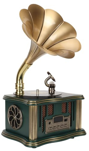 Vintage Grammophone Plattenspieler, Tragbarer Phonograph Bluetooth Stereo Lautsprecher mit FM, Retro Plattenspieler mit Fernbedienung für Home Party Büro Dekoration Geburtstagsgeschenke (Grün)