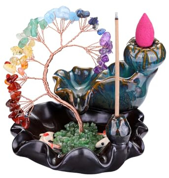 Jovivi Backflow Incense Burner Ceramic Incense Waterfall,7 Chakra Stones Healing Crystal Money Tree Incense Holder for Wealth, Good Luck, Yoga Meditation, Home Decor