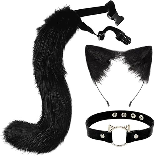 Paxrmuky Katzenohren Haarreif, Katzenkostüm Damen Erwachsener Set mit Plüsch Schwarz, Katzenschwanz und Katzenohren Halsband für Halloween, Karneval, Kostümfest, Katze Cosplay
