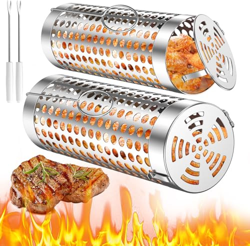 SBMKK Rolling Grill Baskets for Outdoor Grill, Round BBQ Grilling Baskets for Veggies, Stainless Steel Barbeque Vegetable Grill Accessories, Cage Cylinder for Fish, 2 PACK (one large one small)