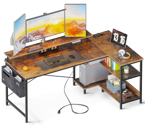 ODK Schreibtisch L Form, 147x80cm Eckschreibtisch mit USB-Ladeanschluss&Steckdose, Gaming Tisch L Form mit Regal Reversibel, L-förmiger Computertisch mit Monitorständer für Büro, Braun