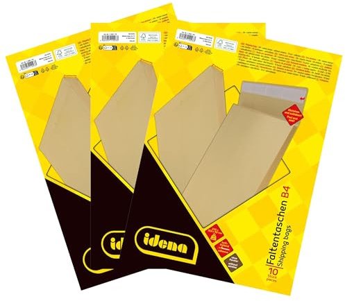 Idena 11093-3 - Sobres DIN B4, 30 unidades adhesivas, sobres plegables con pliegue inferior de 4 cm, sobres sin ventana, de papel reciclado FSC de 140 g/m² en marrón