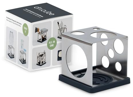 Sanni Shoo All-in-One Flaschenhalter - platzsparendes Abtropfgestell für die meisten Flaschen mit Abtropfmatte, Abtropfhalter für Küchen-Utensilien, Bürsten- u. Schwammhalter, Edelstahl