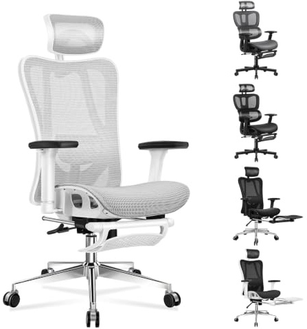 ALFORDSON Silla Oficina Ergonómica Malla, Silla Escritorio Ejecutiva Grande y Alta con Soporte Lumbar Ajustable para Recepción,Reuniones,Reposabrazos Ajustables y Reposacabezas(Blanca y Gris)