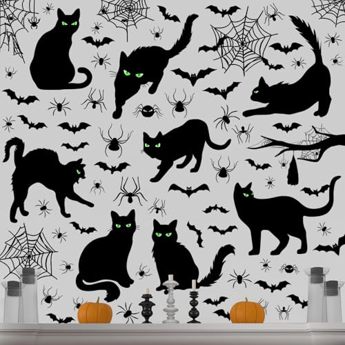 Chivertion 6 Bögen 101 Stück Halloween Schwarze Katze Wandaufkleber Dekoration Fledermäuse Spinnennetz Gruselige Aufkleber Abnehmbare doppelseitige Wand Fenster Aufkleber für Halloween Party Supplies