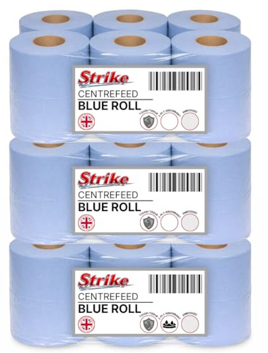 Strike Blue Centre Feed Rolls Embossed 2ply Wiper Paper Towel 50M p/Roll 6 Per Pack Family Disposable Kitchen Rolls Cleaning Household (18 Pack)