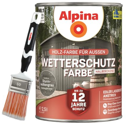 Alpina Holz-Wetterschutz-Farben inkl. Pinsel 50 mm – Sturmwolkengrau, halbdeckend, seidenmatt – bis zu 12 Jahre Schutz vor Witterung und Nässe – schmutzabweisend, deckend & ergiebig – 2,5 L