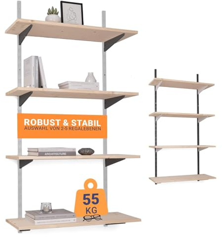 BOOMET Wandregal Metall mit Boden · Regal in 50 Varianten · Höhe: 150 cm · 5 Ebenen in 80 x 30 cm (B x T) · Farbe: weiß/schwarz · Wandschienen Regalsystem · Regalträger Schienensystem
