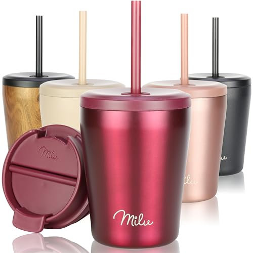 Milu Thermobecher 300ml - 100% Auslaufsicher - Edelstahl Kaffeebecher to go isoliert mit Strohhalm hält 10h heiß / 20h kalt, BPA-frei (Berry, 300ml)