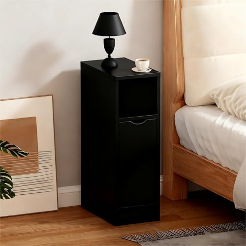 Pantanal Slim Bedside Table Bedroom Nightstand, Narrow EndTable Sofa Side Table with Drawer Open Shelf for Living Room, Space Saving Lamp Desk for Home Office (Black with Door)