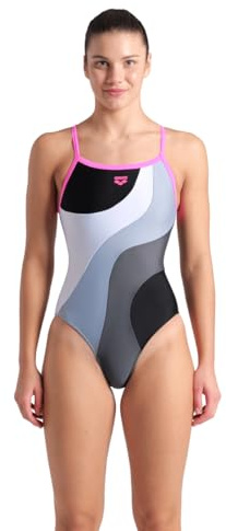 ARENA Costume da bagno intero da donna Feel Multi Slices Light Drop Back, Nero/Bianco/Seafoam/Asfalto, 74