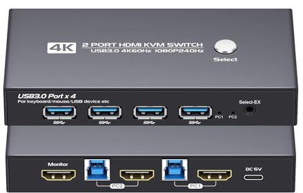 HDMI KVM Switch 2 Port Box,1 Monitors 2 Computers edid Emulator,USB 3.0,4k 60hz KVM Switches for 2 Computers Share Keyboard Mouse Printer and one HD Monitor,Support EDID Copy，2K144.
